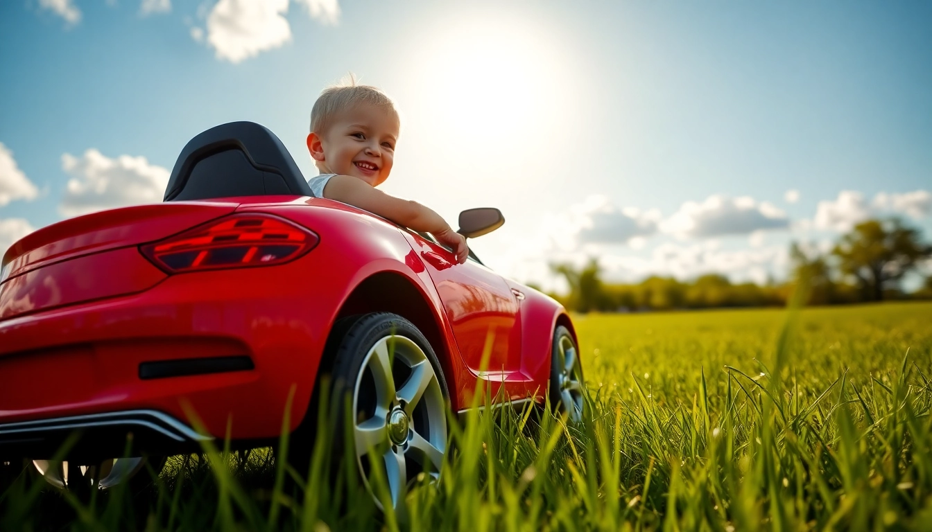 Child joyfully driving a bright red ride on car in a sunny outdoor setting.