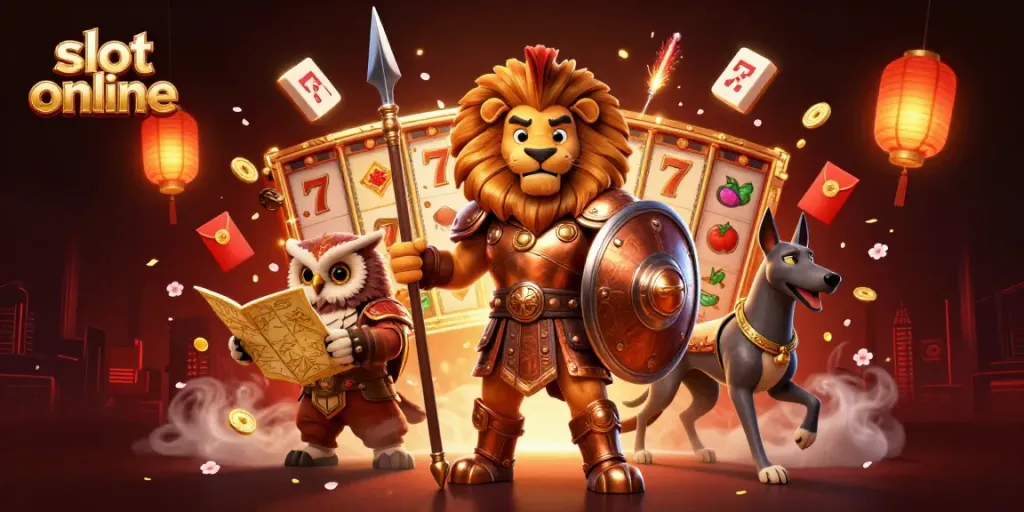 Experience thrilling slot online action with a lion, owl, and greyhound amidst vibrant casino elements.