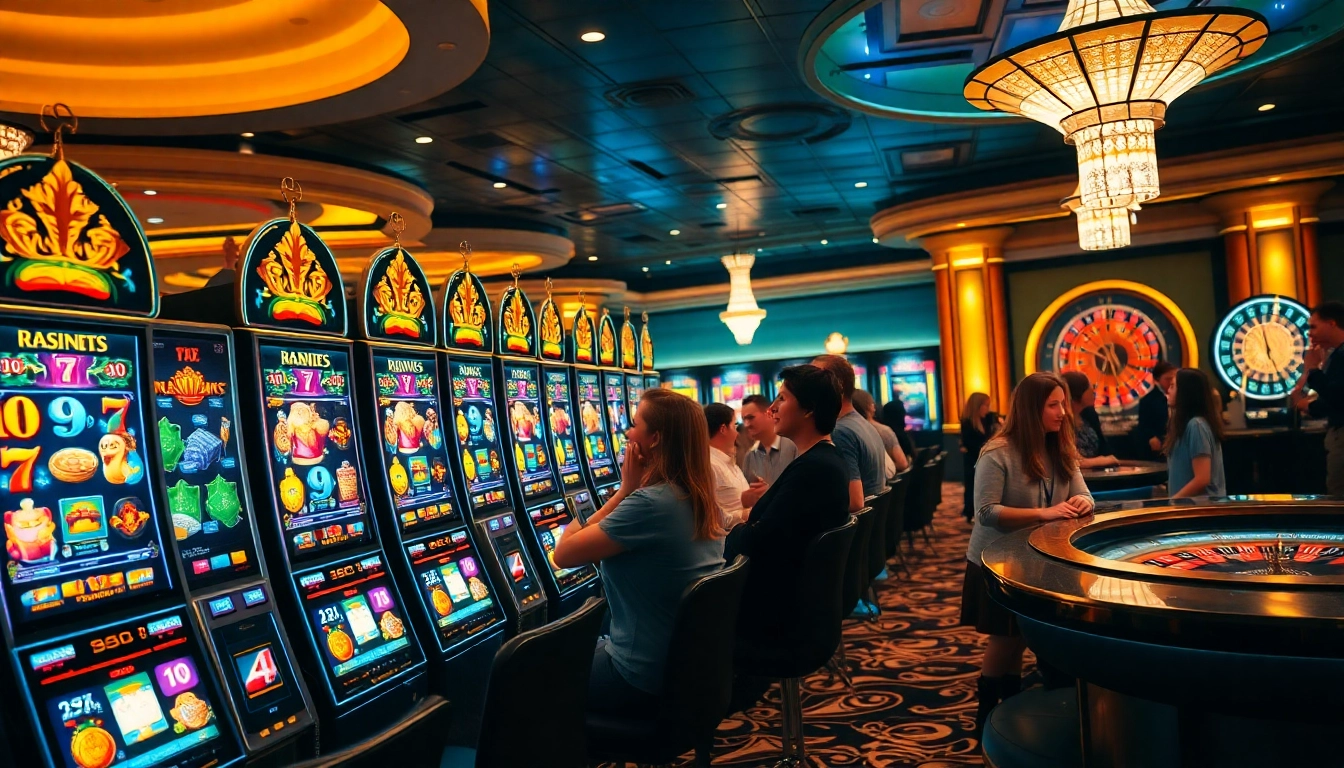 Players enjoying slot pragmatic play on colorful slot machines in a vibrant casino.