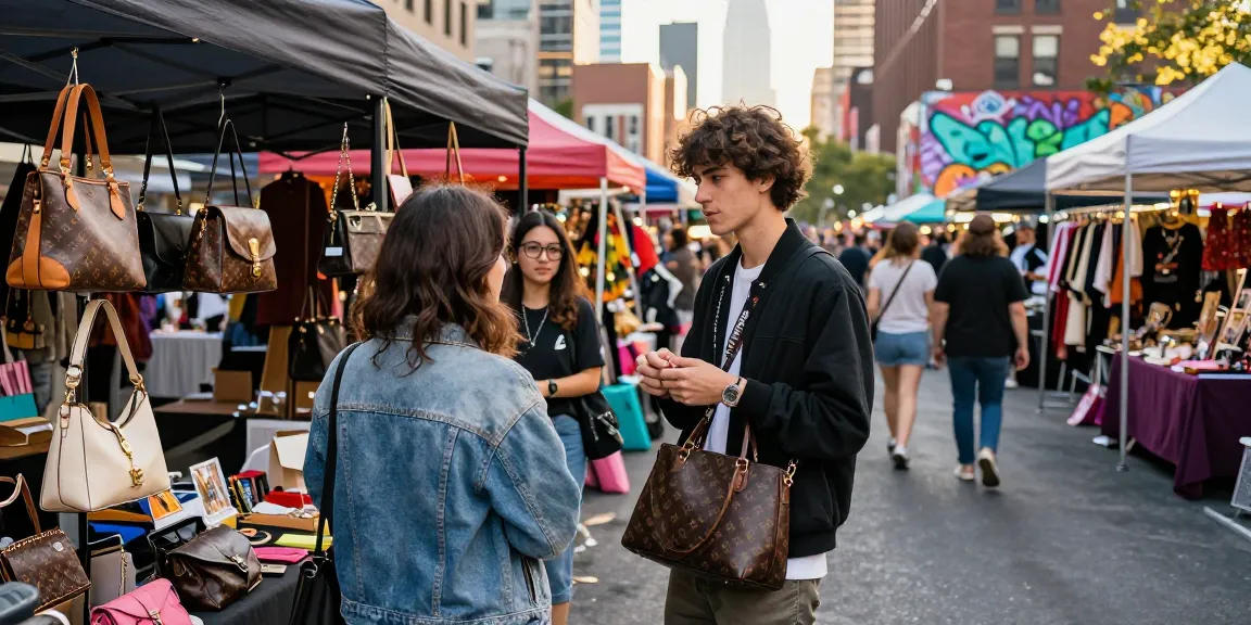 Stylish individual showcasing 레플리카 handbags in a vibrant urban marketplace