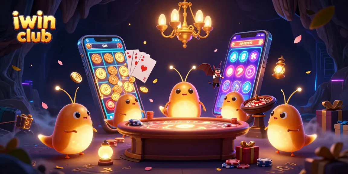 Experience excitement with iwin club's vibrant cave casino scene, filled with glowworms lighting up games.