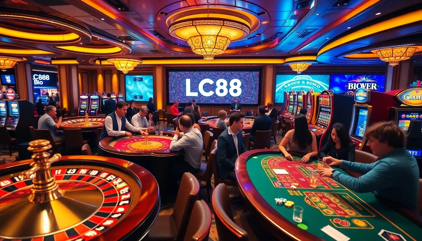 Players celebrating wins at a vibrant casino featuring LC88 bio branding in an elegant setting.