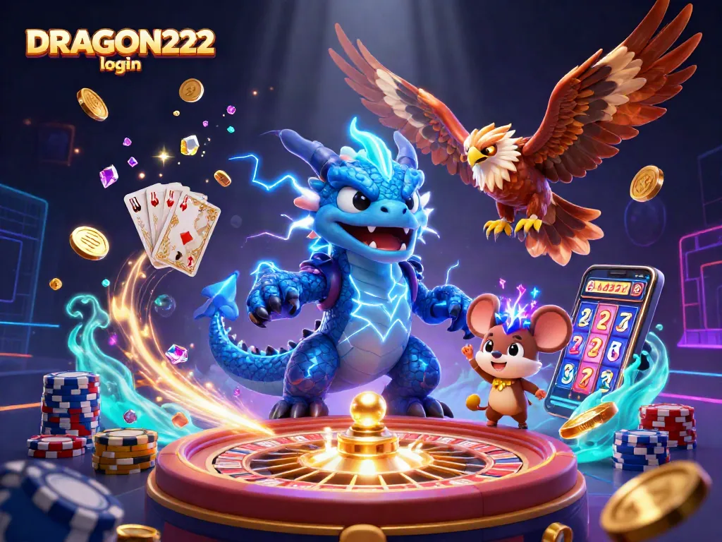 Experience the thrill of DRAGON222 login with vibrant casino visuals and electric characters.