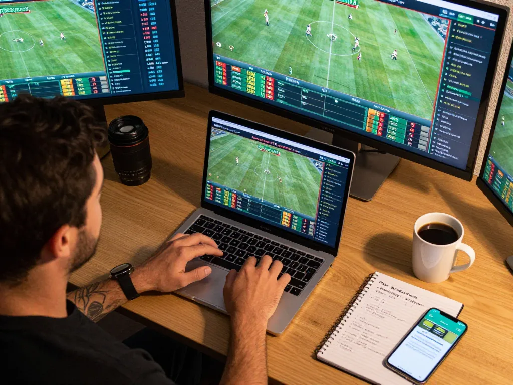Engaging user placing bets on kèo nhà cái while monitoring live match statistics on multiple screens, indicating excitement and strategy in online sports betting.