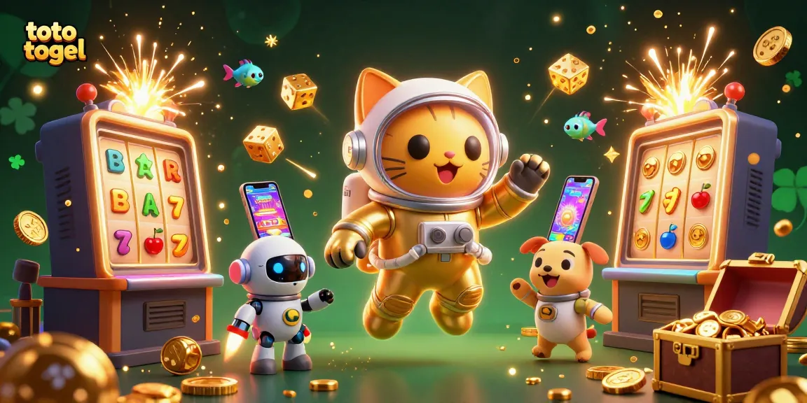 Experience thrilling toto togel action with a captivating cat astronaut and robot dog in a vibrant casino scene.