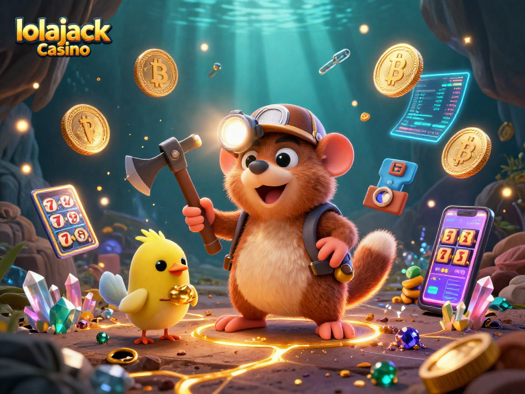 Experience the excitement of lolajack casino with a vibrant 3D illustration featuring a treasure hunting mole and crypto elements.