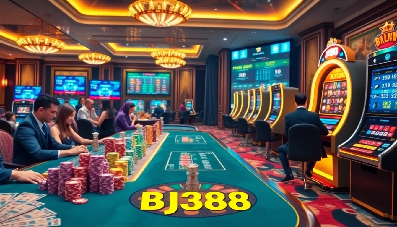 Experience the excitement of BJ388 casino with live betting, poker chips, and a roulette wheel.