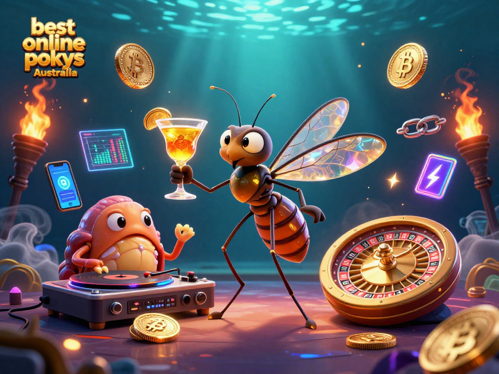 Playing the best online pokies Australia with a vibrant cartoon scene featuring mascot elements and crypto symbols.