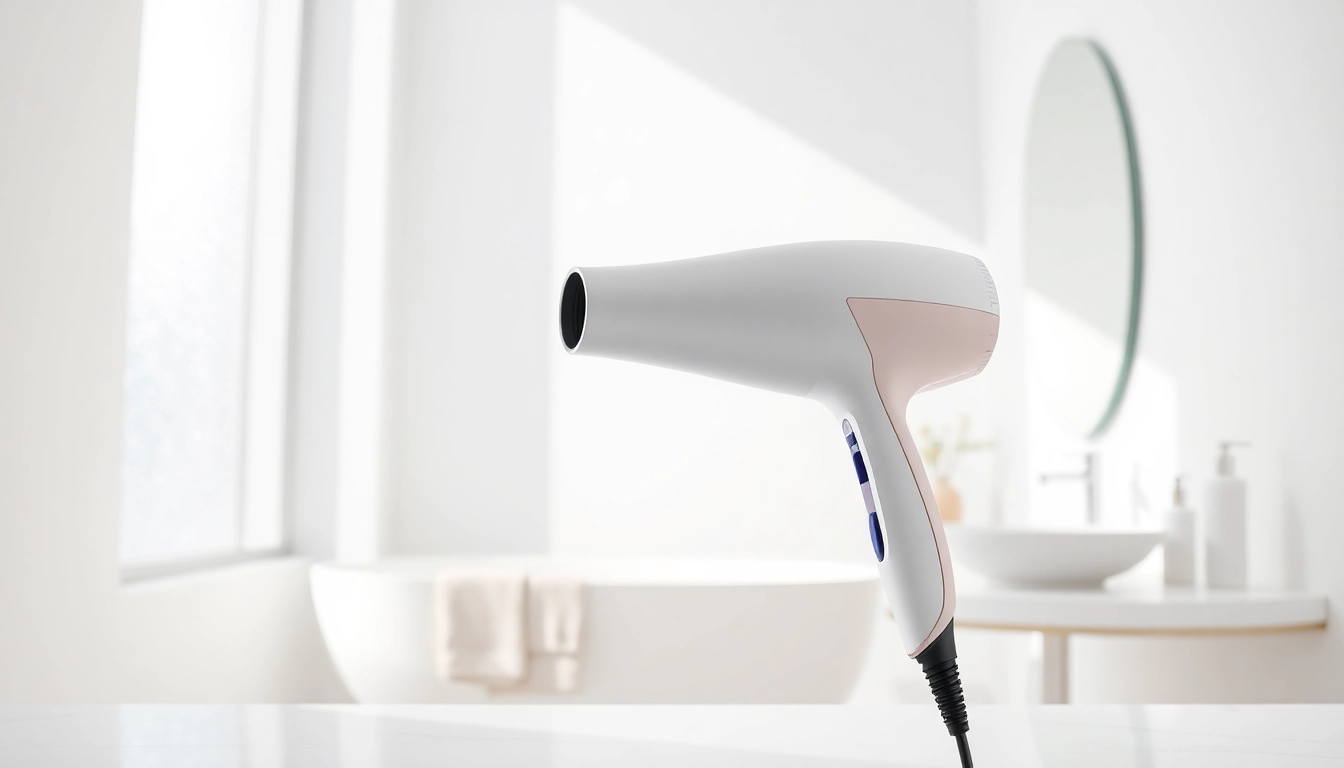 Efficient ionic blow dryer placed elegantly on a vanity with beauty products.
