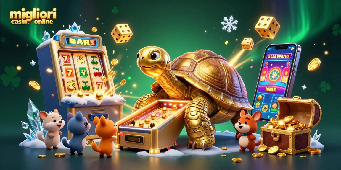 I migliori casino online raffigurati in un'illustrazione vivace e dinamica con una tartaruga d'oro e macchine slot che esplodono in monete.