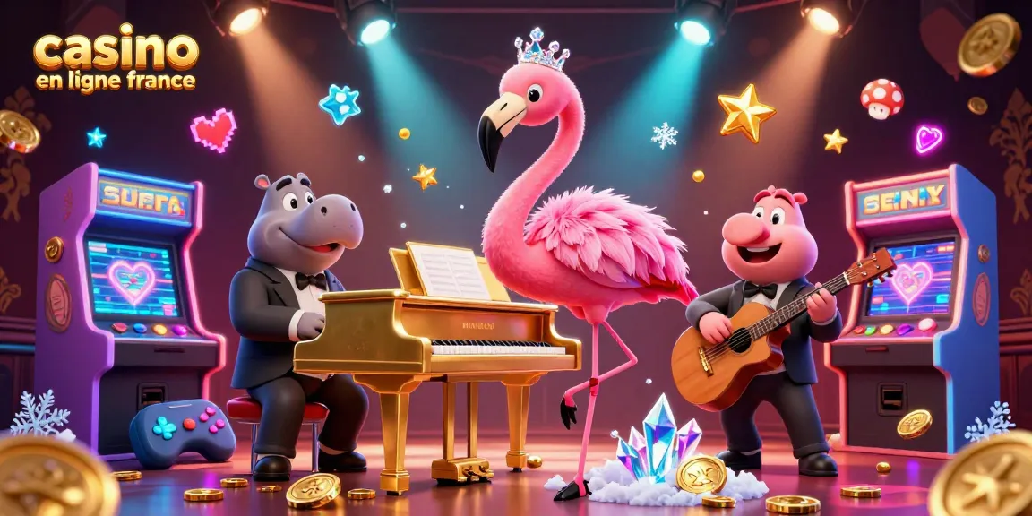 Illustration colorée de casino en ligne France, avec chanteur et bassiste animés entourés de machines à sous.