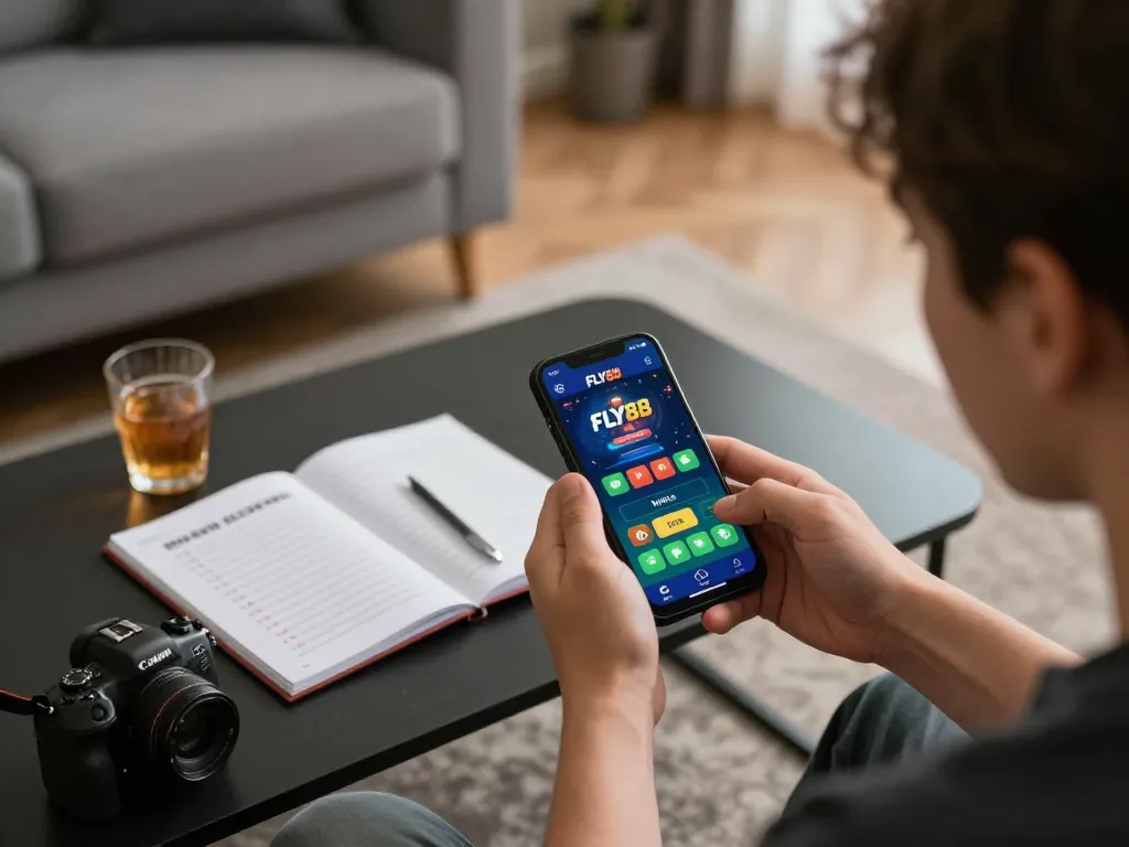 Player enjoying FLY88 mobile gaming, analyzing strategies in a cozy living room setting.