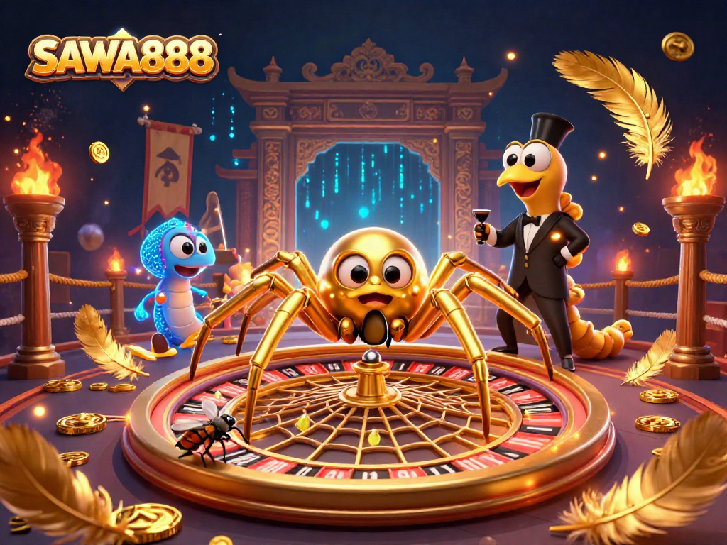 SAWA888 casino illustration featuring a cartoon spider as a croupier and gaming elements, spinning bets.