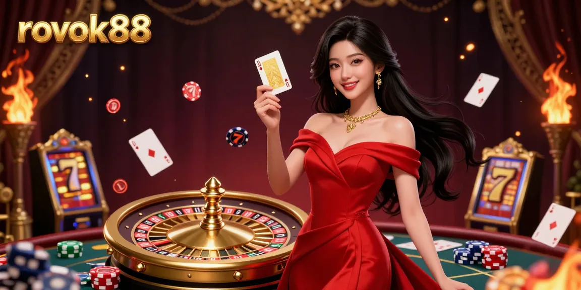 Experience the excitement of rokok88 with a captivating casino scene featuring vibrant game elements and a confident dealer.