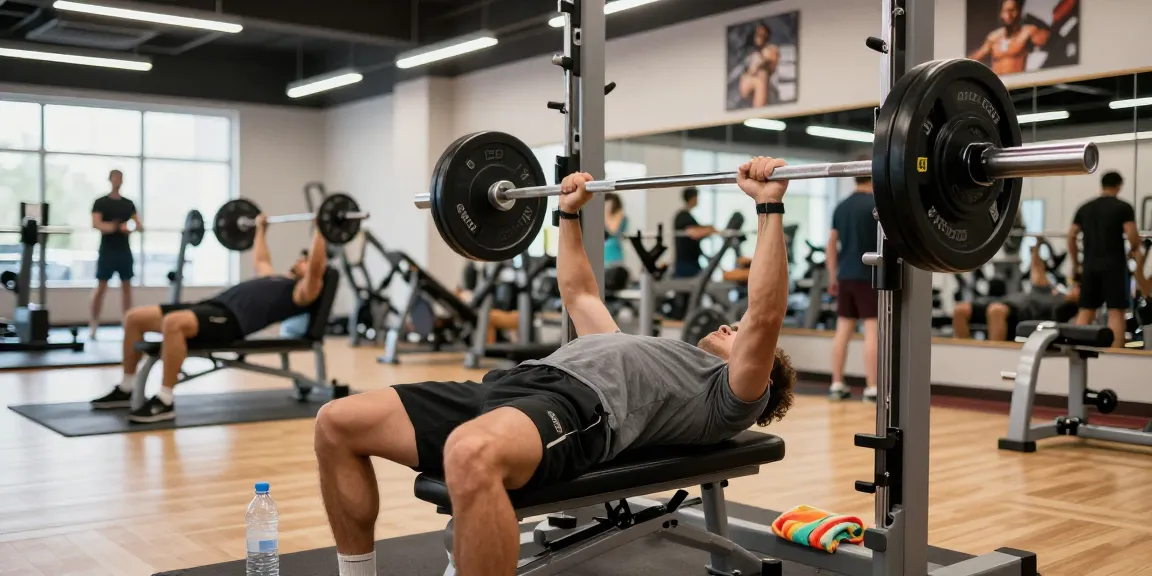 Athletic individual showcasing strength at Driada Medical Shop's gym, focused on bench press workout.