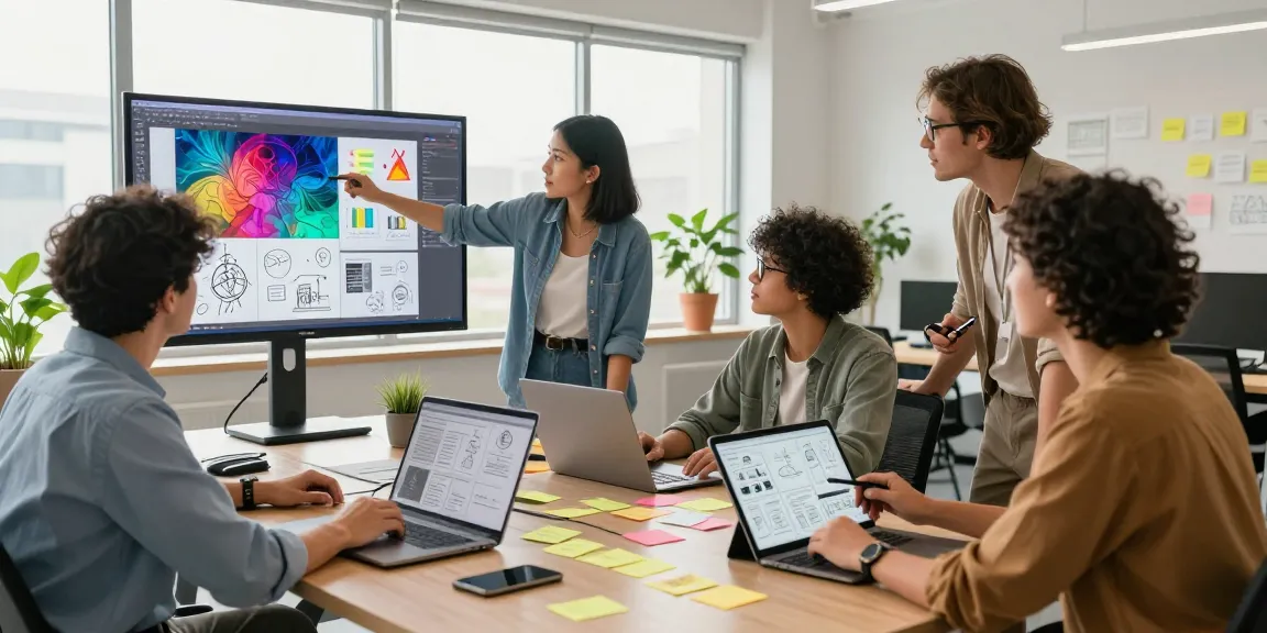 Team collaborating on a mixboard AI in a modern workspace, showcasing vibrant brainstorming activities.