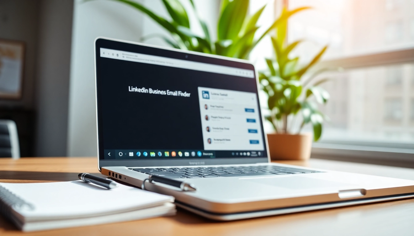 Utilize the linkedin business email finder tool showcased on a laptop in a professional setting.