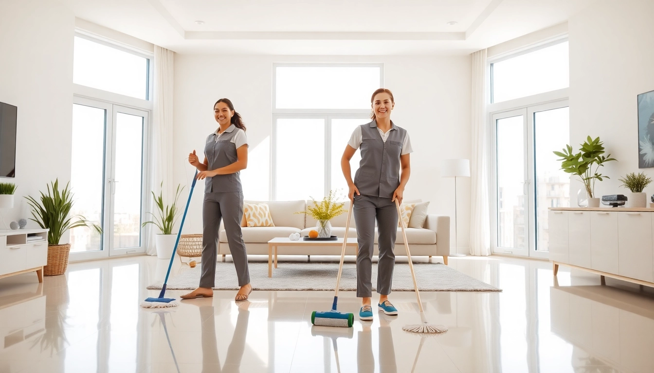 Cleaning Service team professionally maintaining a bright and organized living room environment.