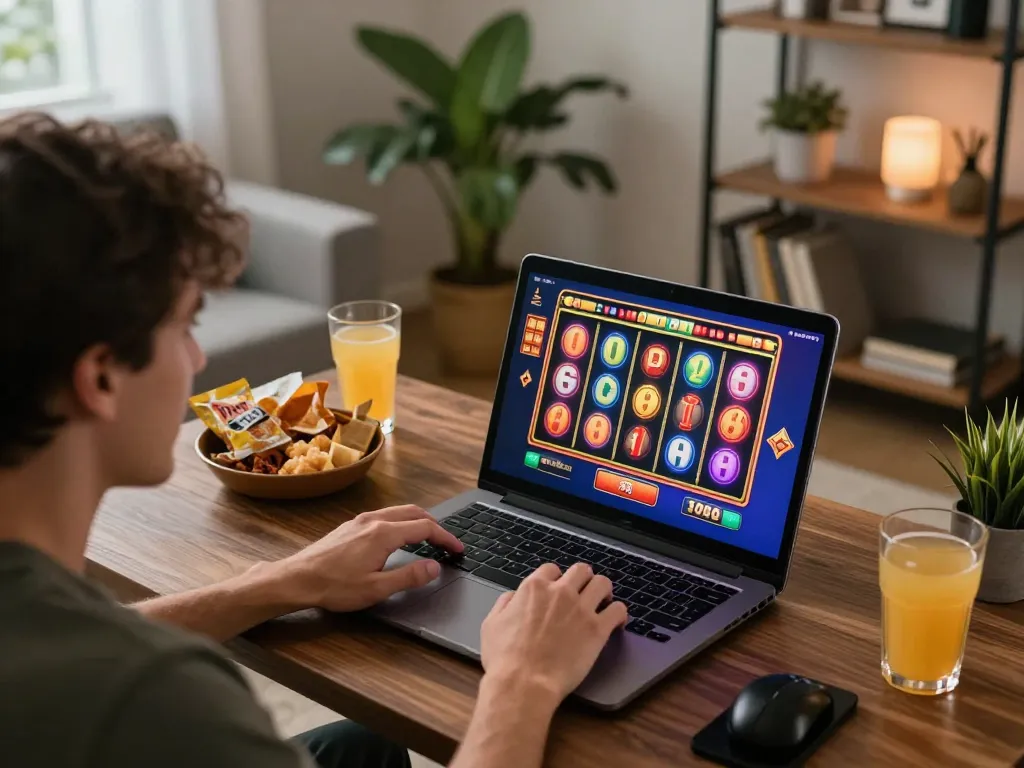 Player celebrating a win on G28 homepage while gaming on laptop showcasing vibrant slot reels.