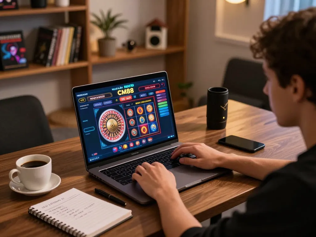 Engaging gaming setup featuring NHÀ CÁI CM88 on laptop with casino interface visible