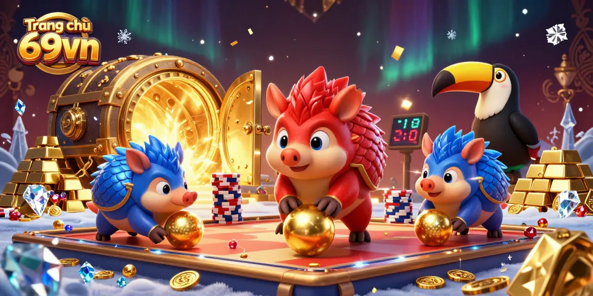 Roll through vibrant poker chips with Trang chủ 69vn's playful pangolins in a lively 3D casino scene.