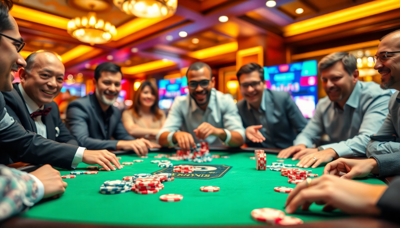 Menggambarkan Planet77 Pulsa dalam suasana permainan poker yang energik dan berwarna-warni.