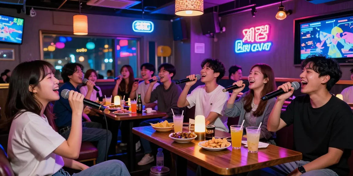Dynamic 제주유흥 karaoke bar scene with friends enjoying singing and drinks.