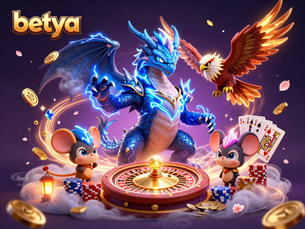 Experience thrilling bets with betya in a vibrant casino illustration filled with action.