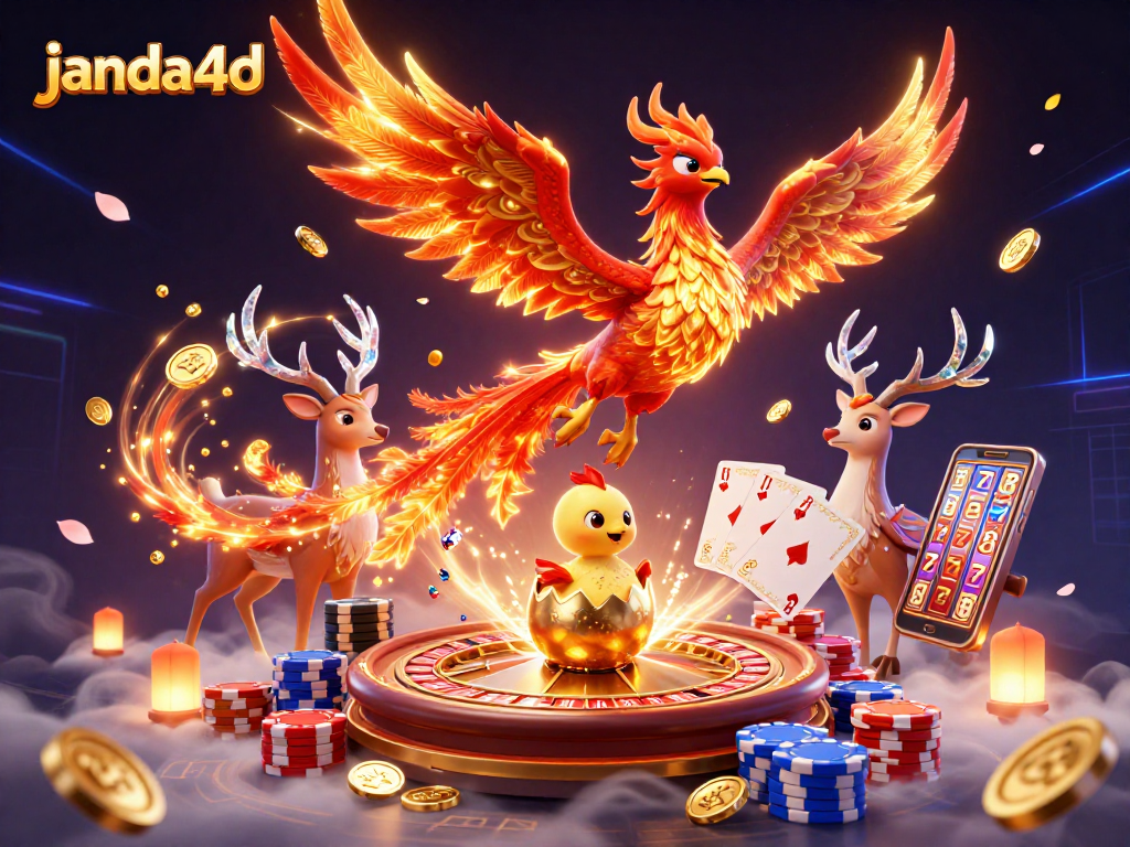 Engage with janda4d's thrilling casino scene featuring vibrant phoenixes and rich gaming elements.