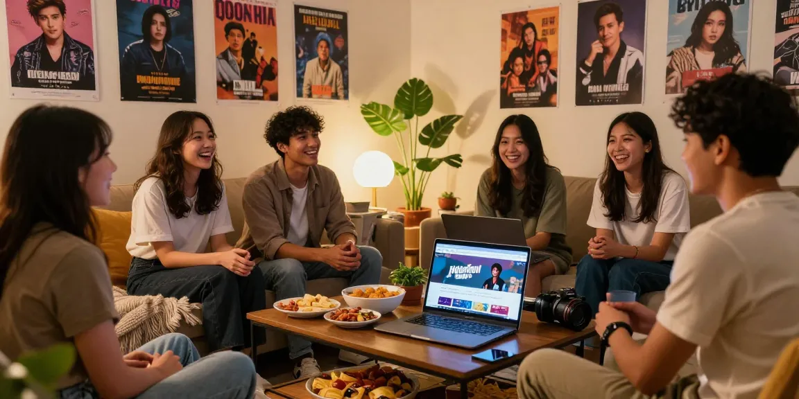 Scene of friends exploring culture with NAGA2000 showcasing vibrant Asian films and Spanish subtitles for https://hanadultalk.com.