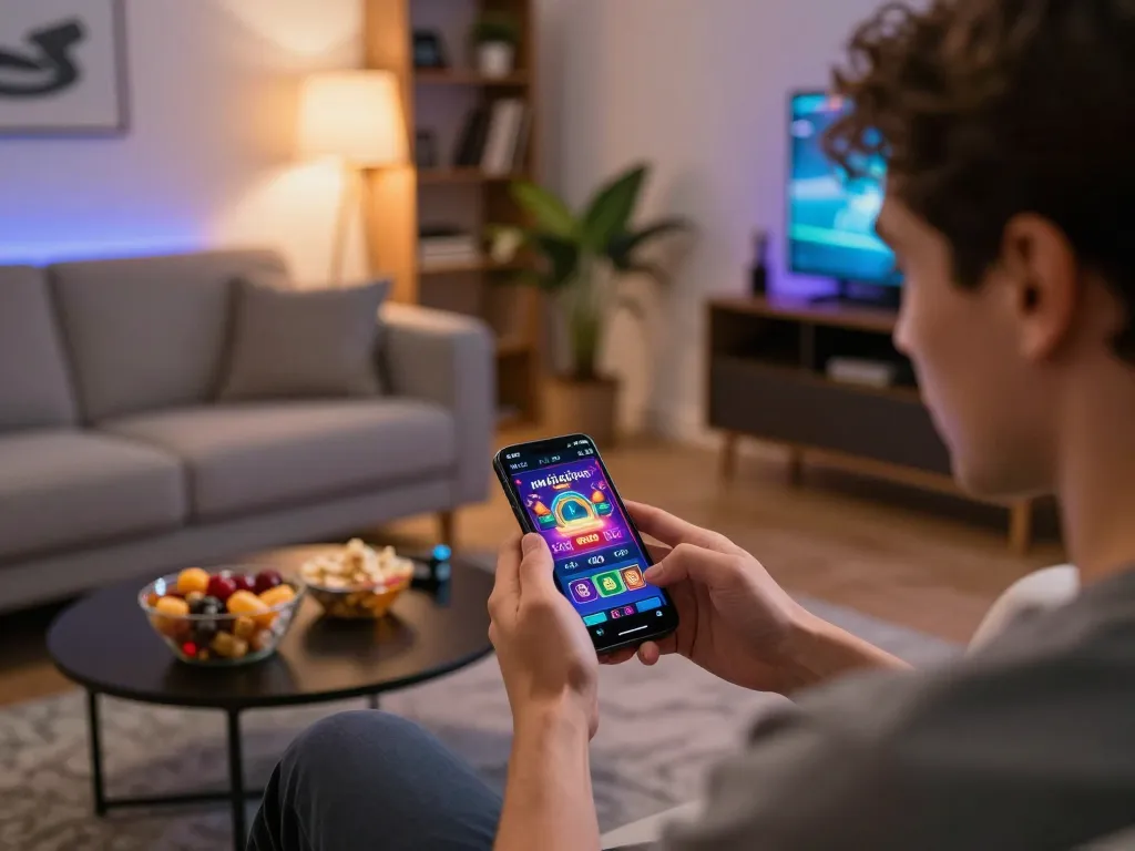 Experience engaging gameplay at NHÀ CÁI C168 through a mobile app in a cozy living room setting.