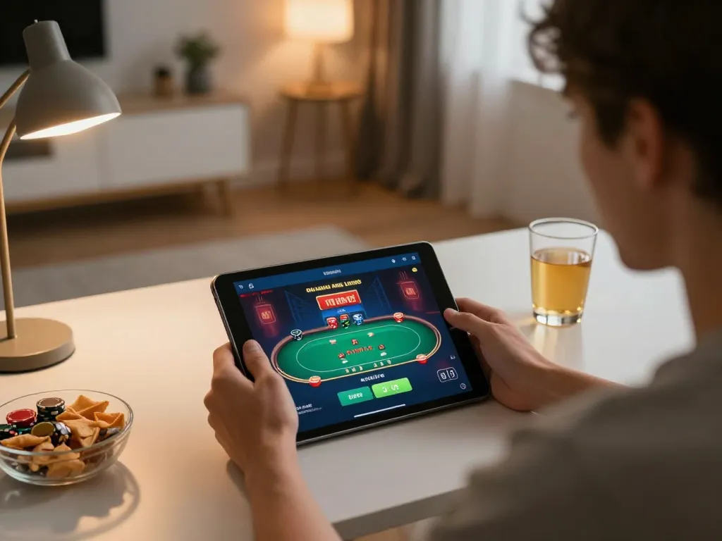 Engaging online casino gameplay on a tablet with đăng nhập 789win and poker game interface, in a cozy home setting.