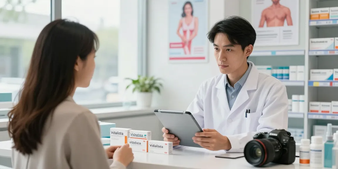 Pharmacist highlighting Vidalista benefits in a modern pharmacy.