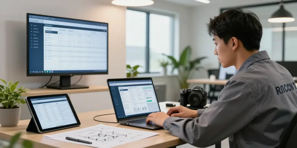 HVAC software workspace with technician managing scheduling and inventory in a bright office setting.