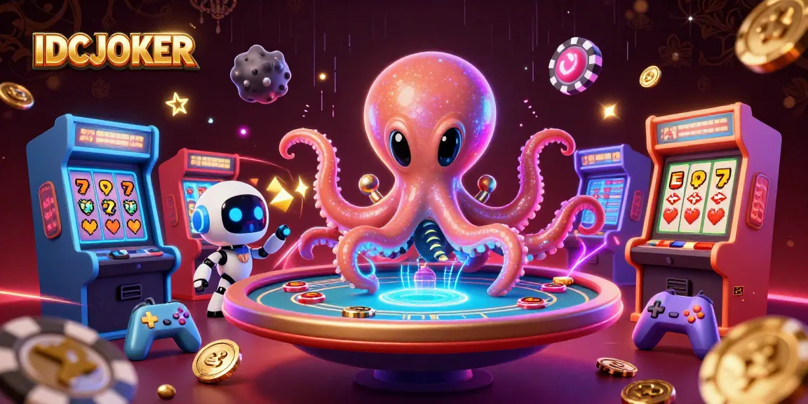 Experience thrilling fun with IDCJOKER's 3D alien octopus at a holographic poker table amidst vibrant casino elements.