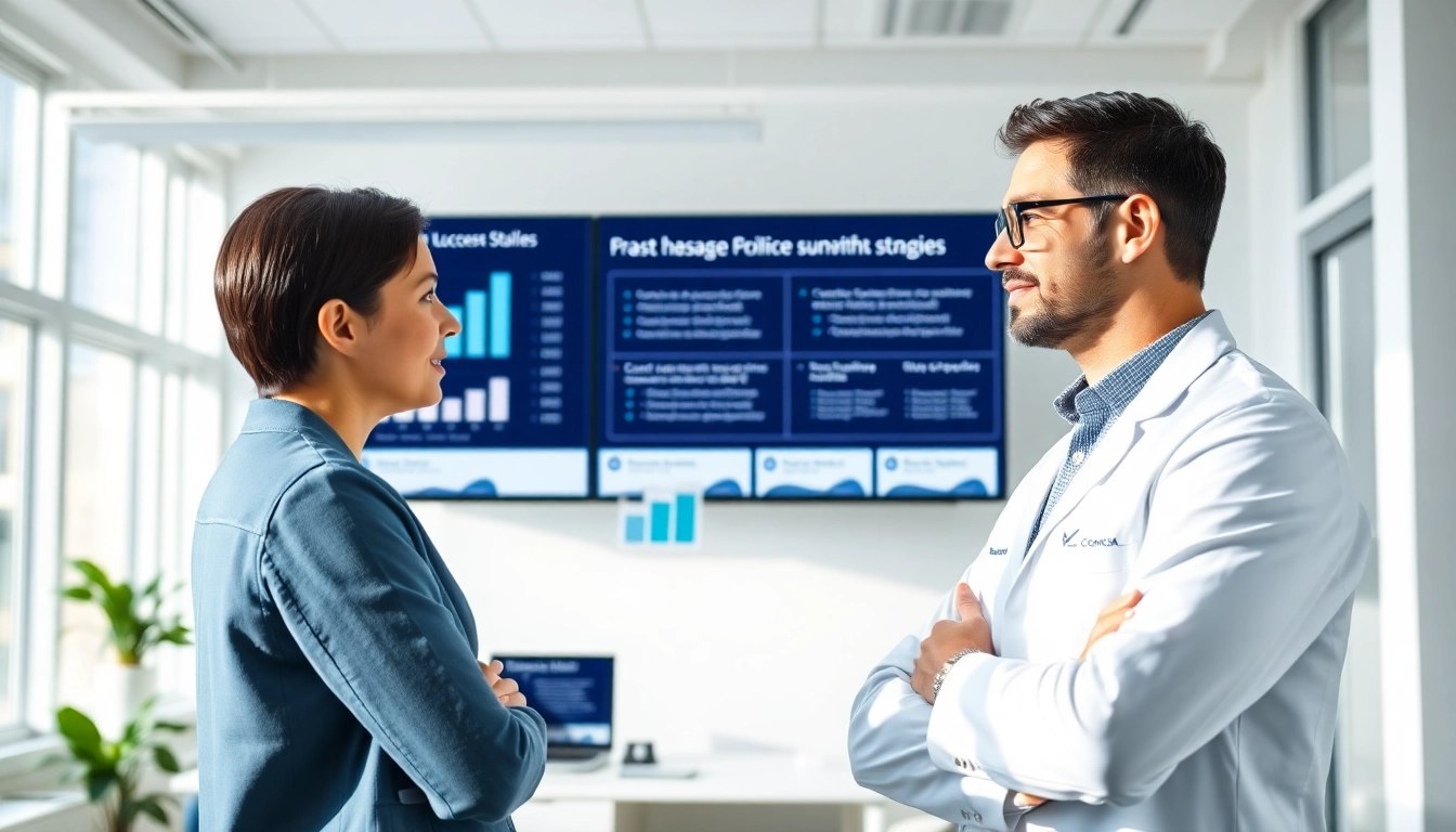 Dental business consultant advising a dentist with charts in a bright office.