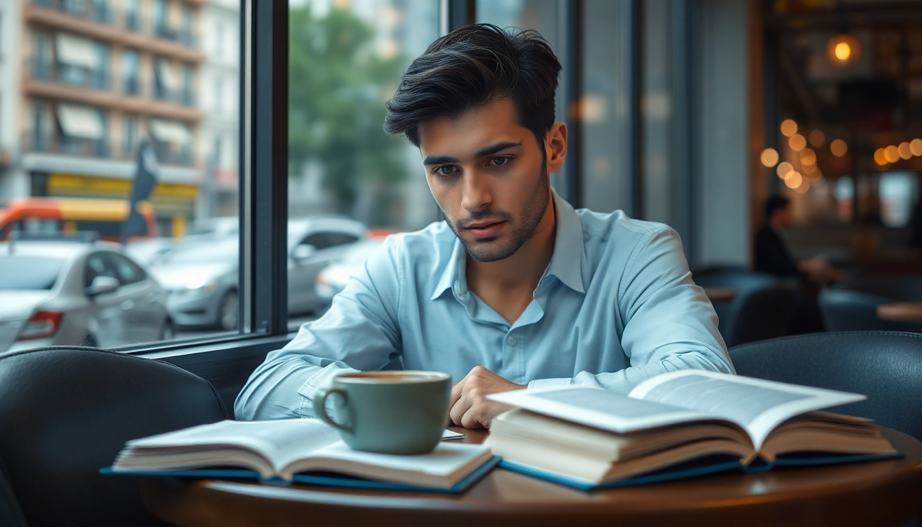 Person reflecting on depression symptoms while seated in a café, surrounded by journals.