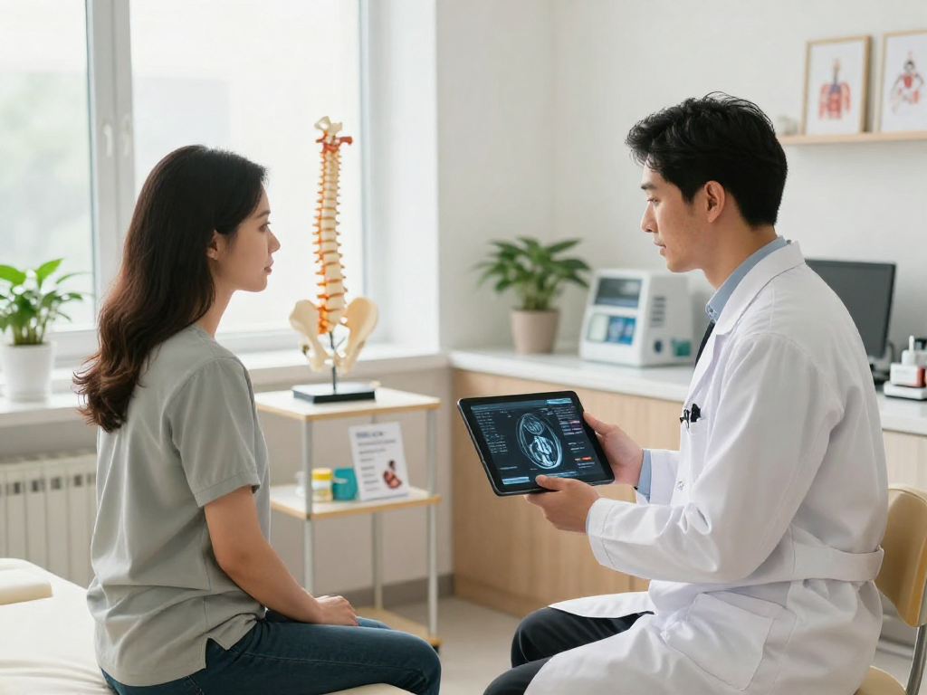 Boyun fıtığı ameliyatı discussion with a doctor in a clinic.