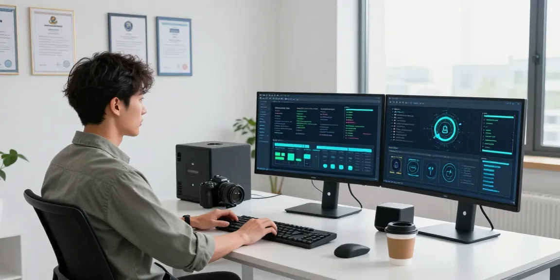 Cybersecurity expert at modern desk reviewing protocols on https://shs-dome5.com/ with multiple monitors in bright office.