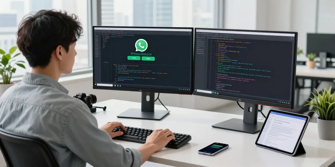 WhatsApp電腦版 interface displayed on dual monitors in a modern tech workspace.