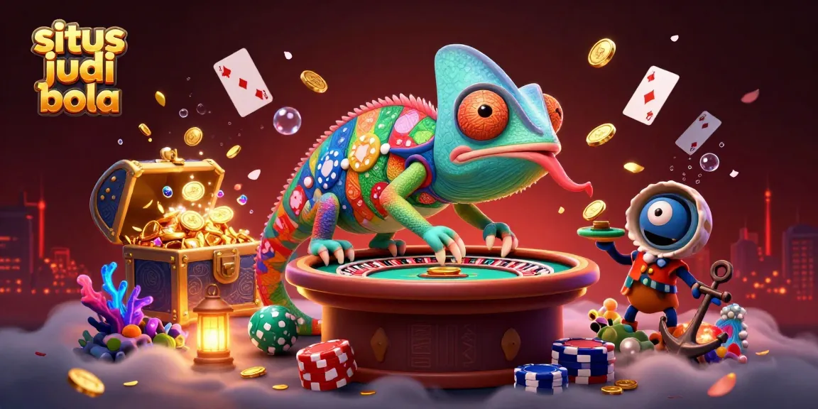 Experience thrilling bets at situs judi bola with a vibrant casino scene featuring a colorful chameleon and exciting game elements.