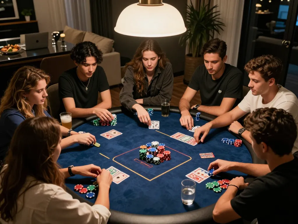 Enjoying an intense poker game at home with friends while engaging in ev999 casino strategies.