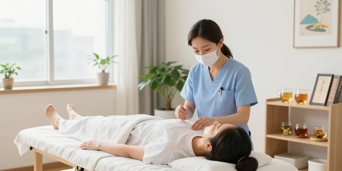 Acupuncture treatment at 영통한의원 in a serene, modern wellness clinic.