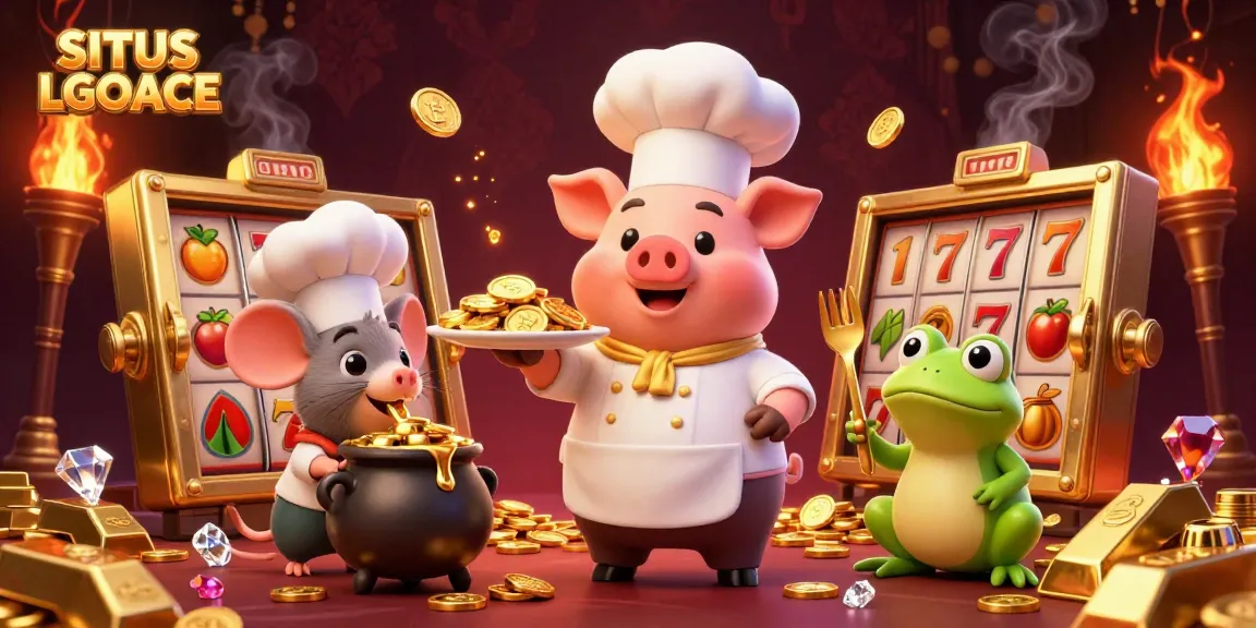 SITUS LGOACE game atmosphere featuring a chef pig serving gold coins while slot reels and gems surround them.