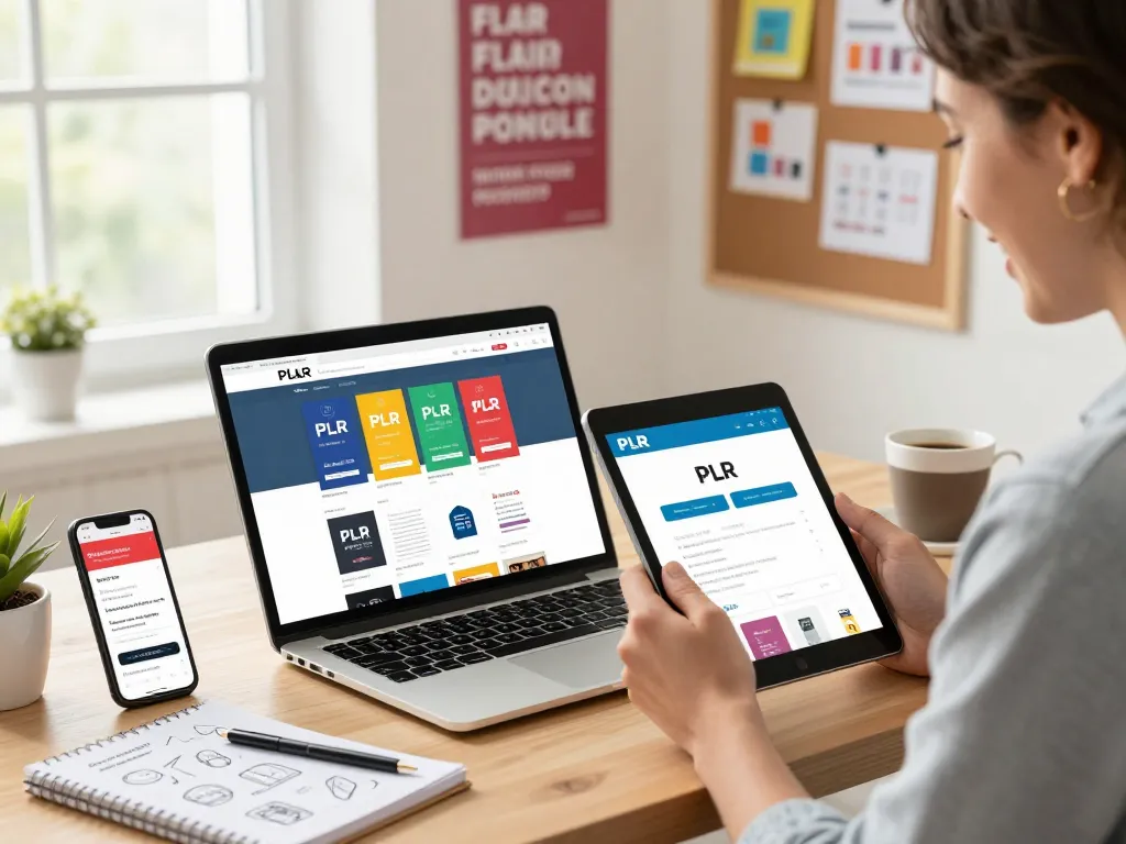 Buy PLR Digital Products in a vibrant online shopping scene with engaged customer browsing eBooks and courses.