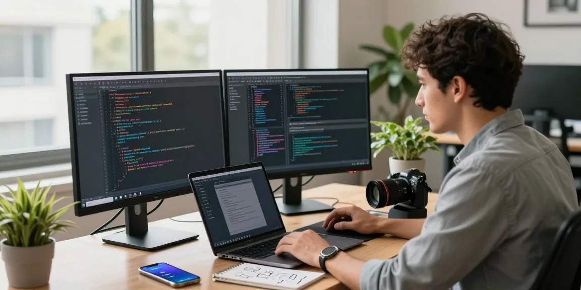 Developer coding on dual monitors in a modern workspace, showcasing telegram官网 interface.