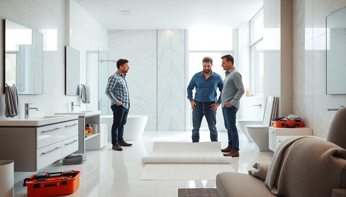 Bathroom remodeling contractors discussing renovation plans in a beautifully designed bathroom.