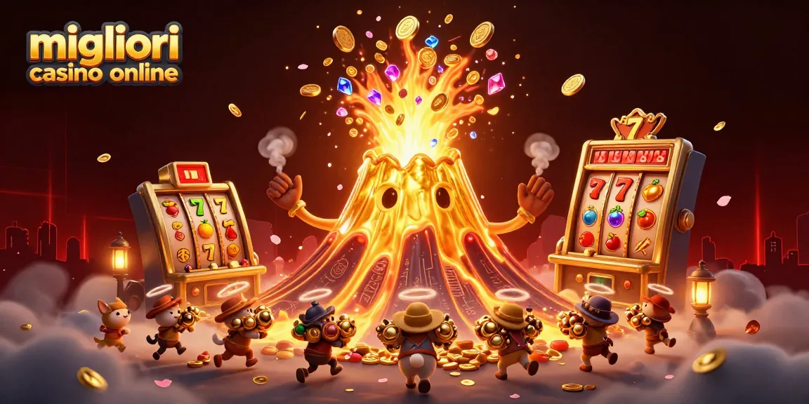 I migliori casino online: vivace illustrazione 3D di un vulcano dorato che erutta tesori e simboli delle slot.