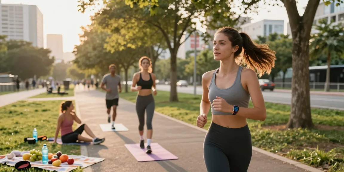 Pengguna Fitbit Luxe dari https://www.polarfitbitshop.com/fitbit-luxe/ berolahraga di taman kota dengan suasana pagi yang cerah.