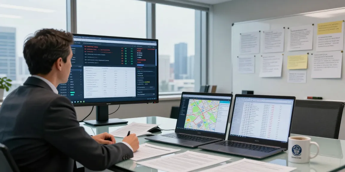 Professional investigator analyzing asset tracing data in a modern office